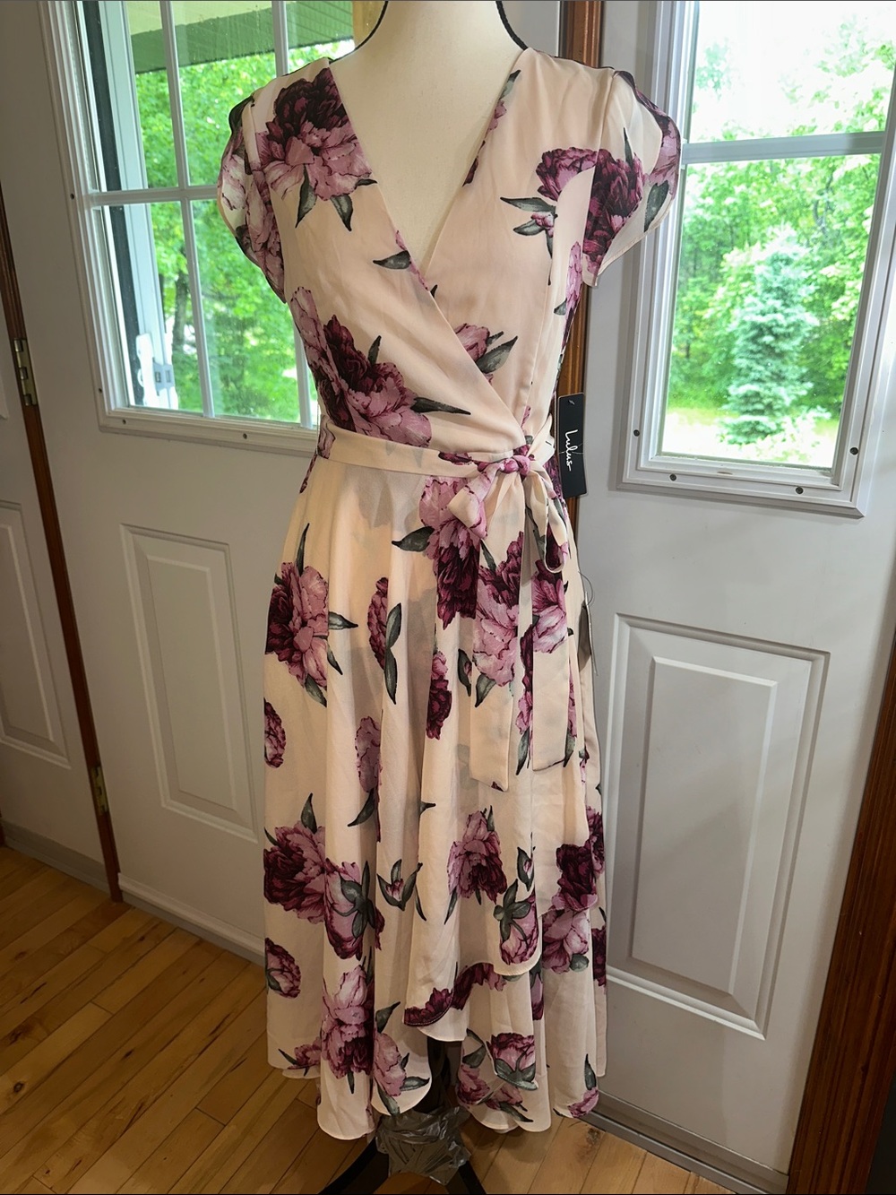Lulu's Cream Midi Wrap Dress with Pink & Purple Floral Print